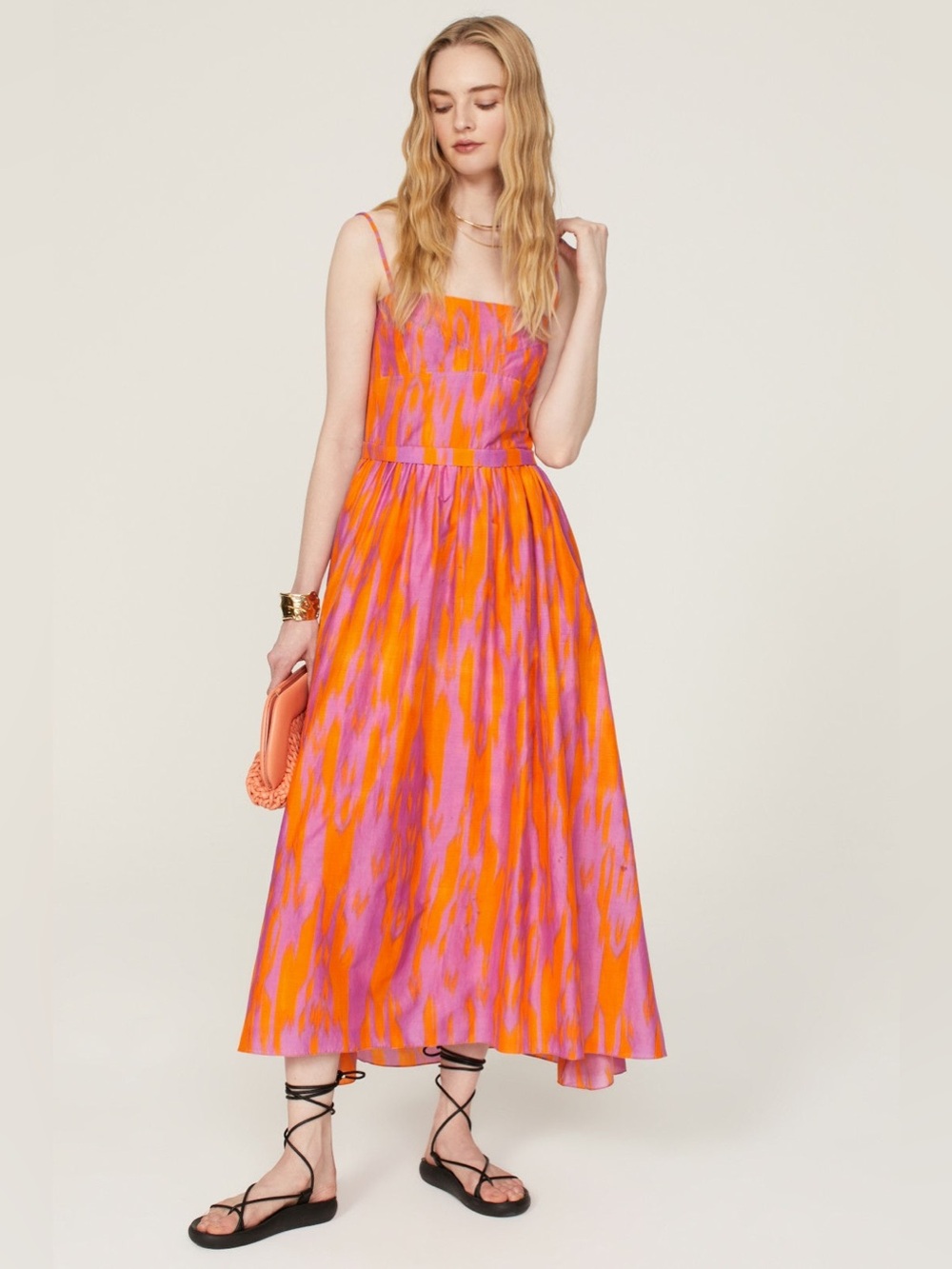 MARINA Pink and Orange Print Square-Neck Maxi Dress